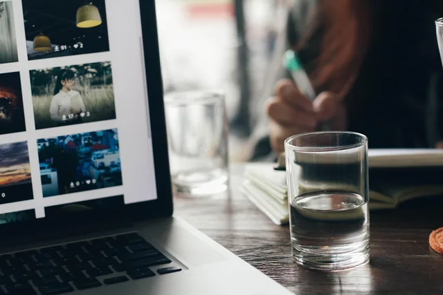 apple, blur, close-up, computer, drink, focus, glass, indoors, keyboard, laptop, macbook, macbook pro, office, screen, table, technology, work, working. Recurring or project pricing for a creator media kit, compared on identical scope